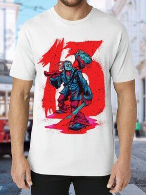 Graphic Horror Number 13 Tee - White with Red & Teal Art